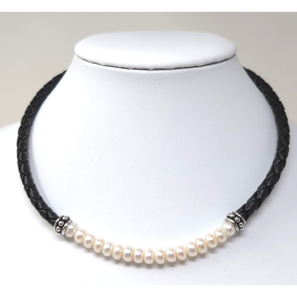 Vtg 925 Sterling Silver Black Braided Leather Freshwater Pearl Choker Necklace